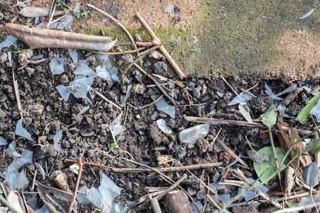 Brittle plastic shreds in soil 